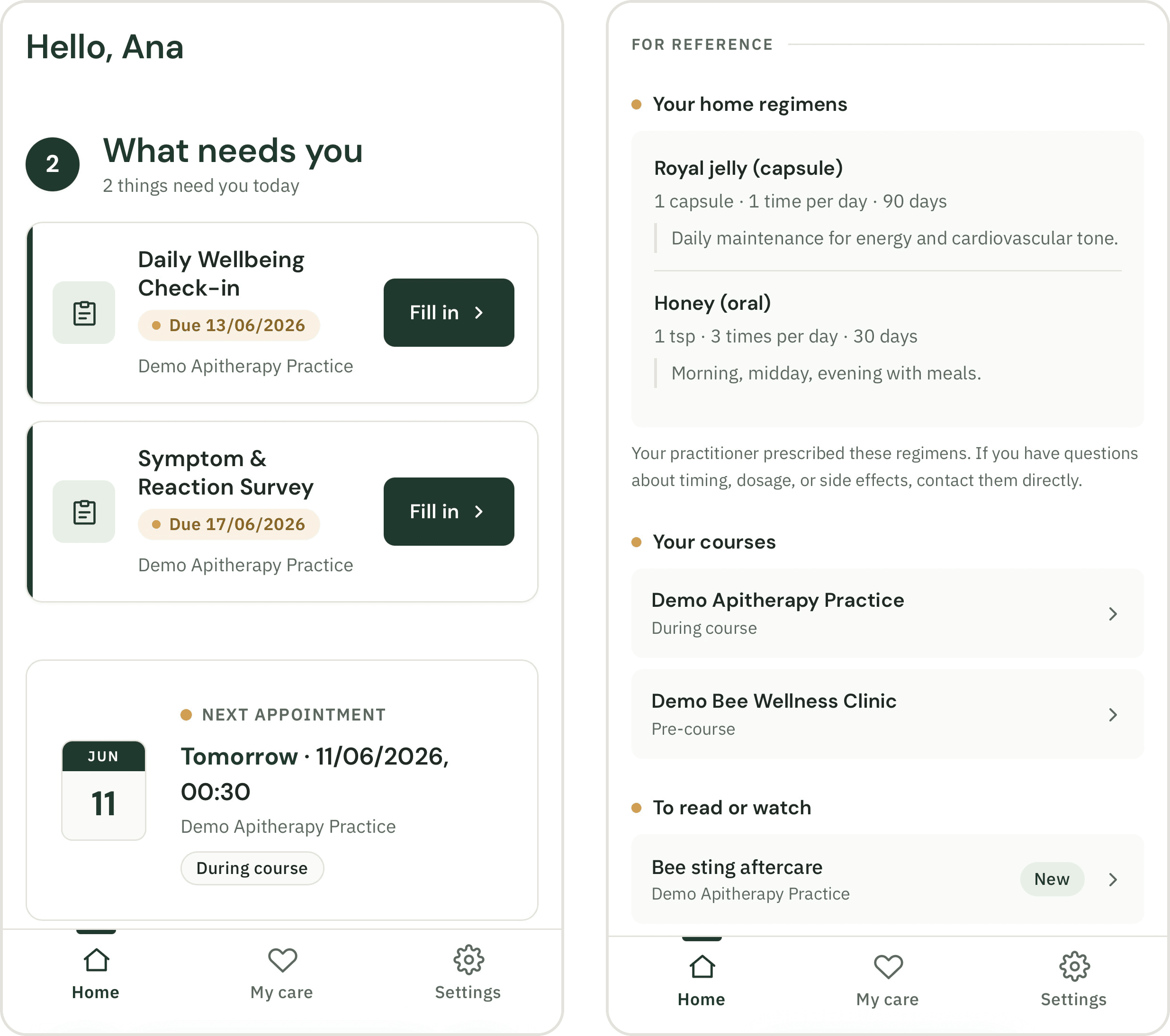 The NaturClinica client portal on a phone — tasks, next appointment, and home regimens