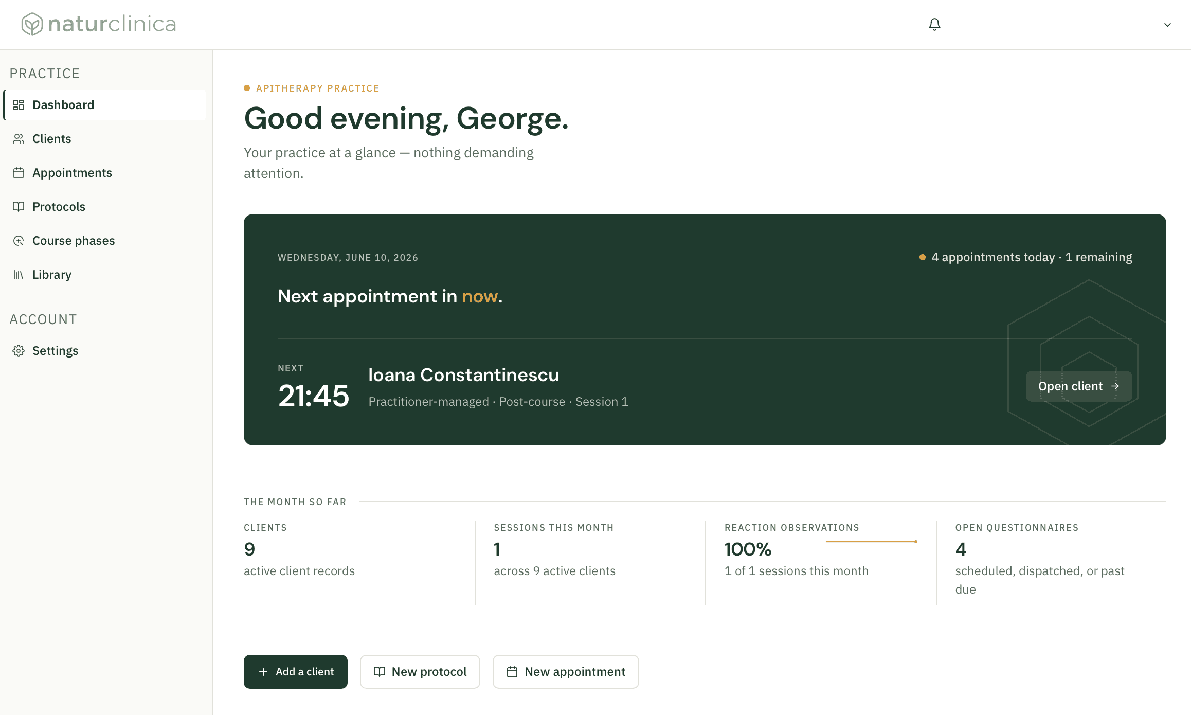 The practice dashboard: today's sessions, who's next in, and the month so far