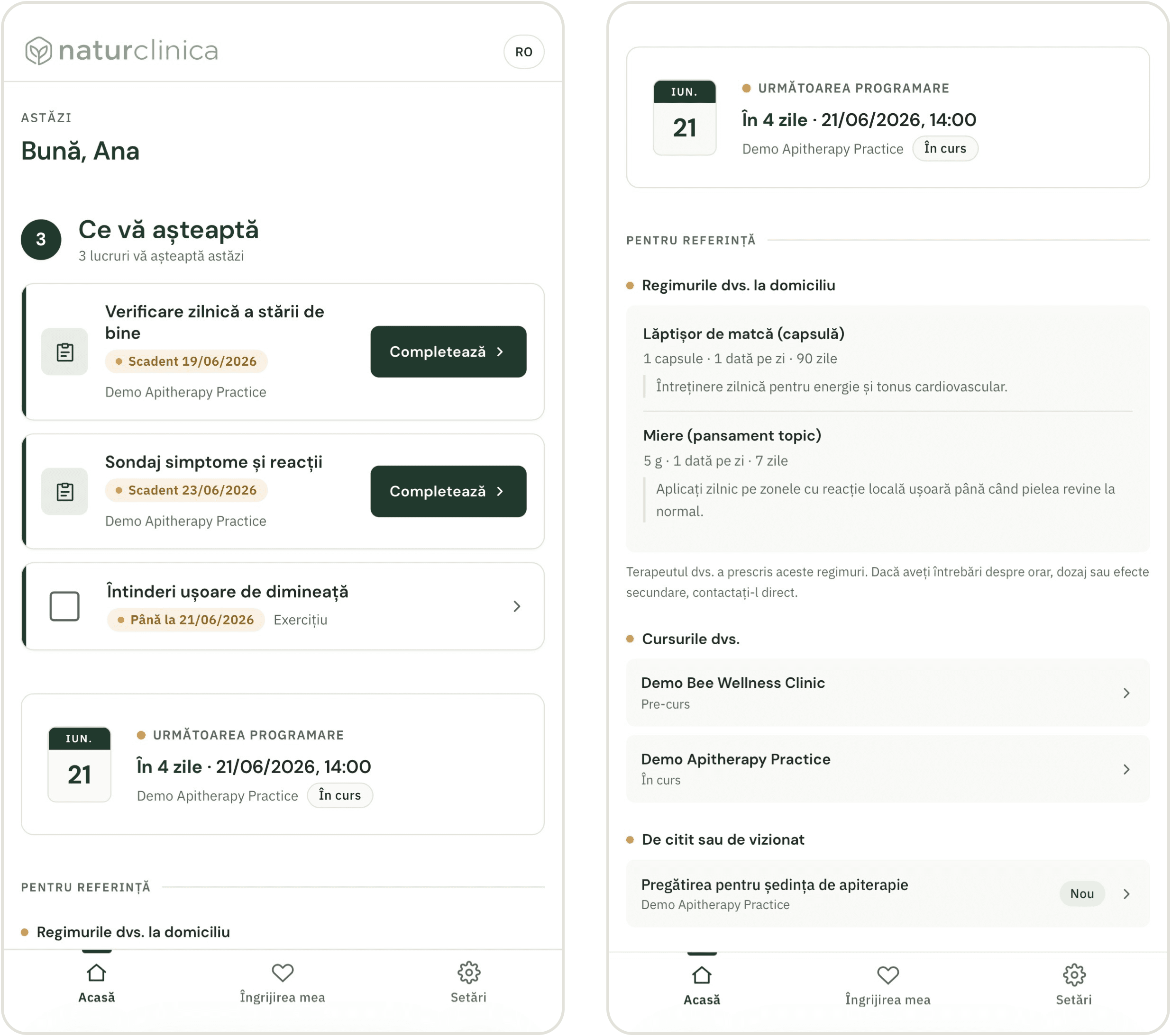 Portalul clientului NaturClinica pe telefon — sarcini, următoarea programare și regimuri pentru acasă