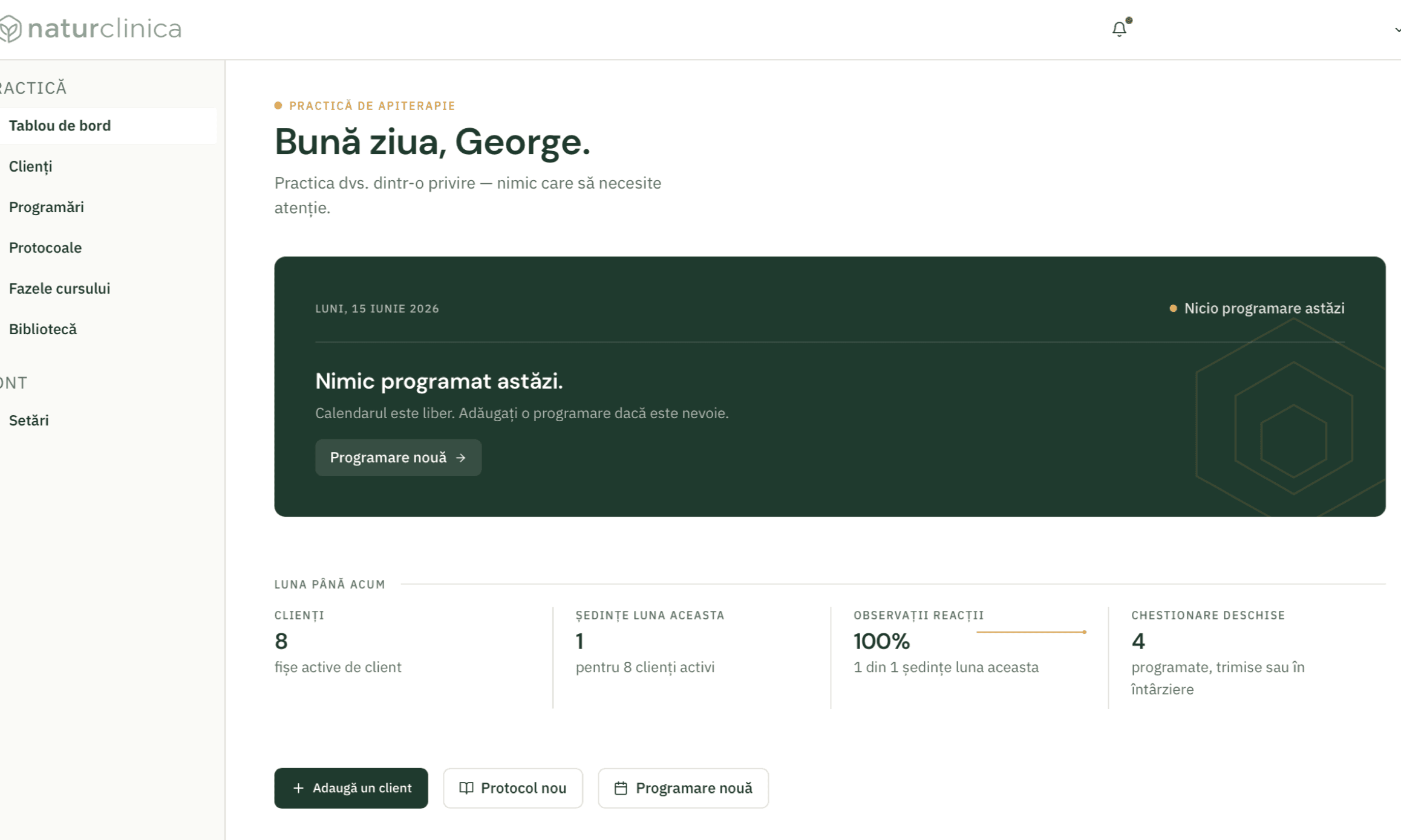 Tabloul de bord al practicii: ședințele de azi, cine urmează și luna în curs